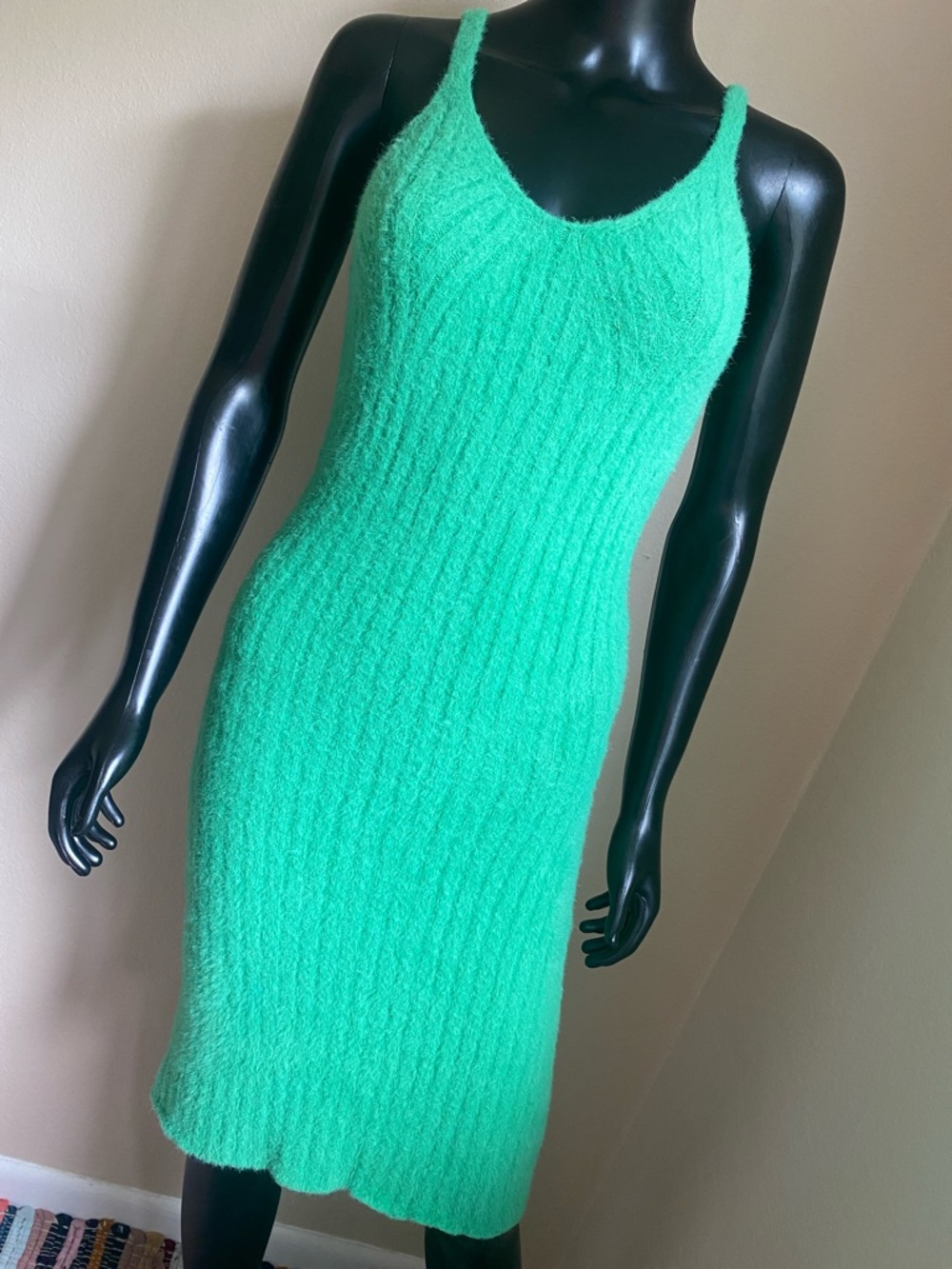 Freshman 1996 Kawaii Cute Sleeveless Green Fuzzy Cable-Knit Midi Dress